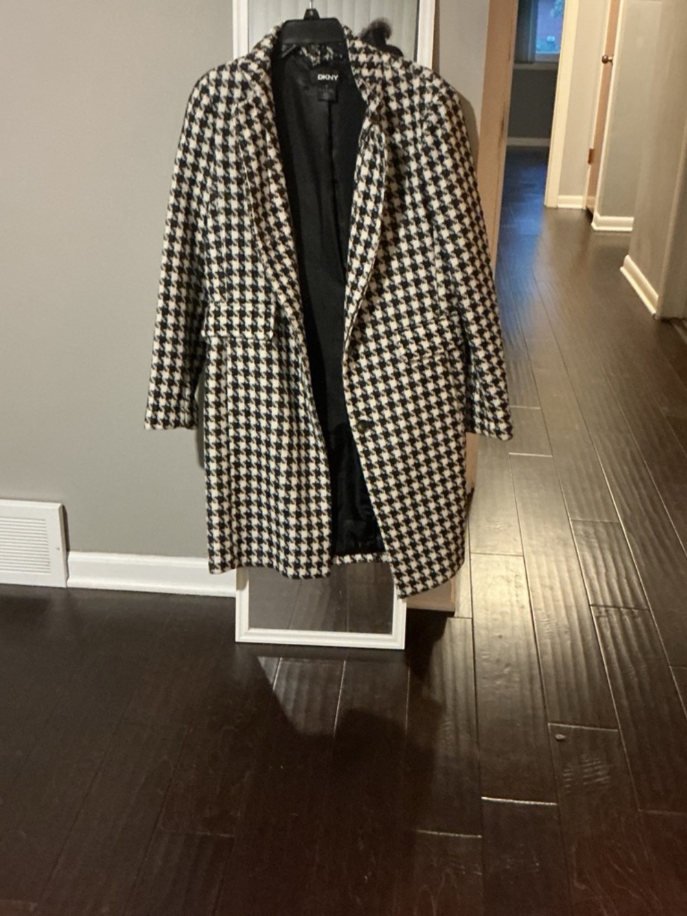 DKNY Black and White Houndstooth Wool-Blend Pea Coat